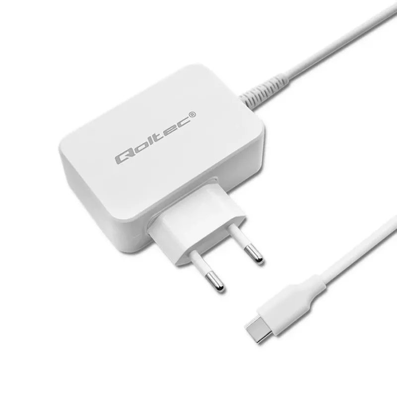 Qoltec 51039 adaptador de corrente 65 W USB-C PD, 5–20,3 V, 2–3,25 A, cabo USB-C integrado, branco