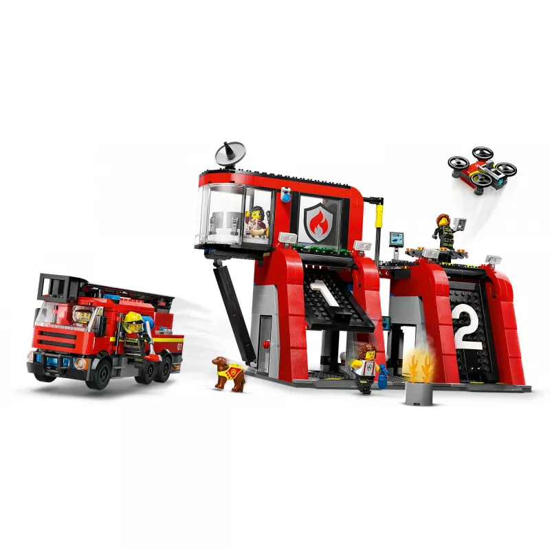 Brinquedo de construção LEGO City Quartel dos Bombeiros com veículo de escada giratória 60414 — 843 peças, 5 minifiguras, 220×320×140 mm
