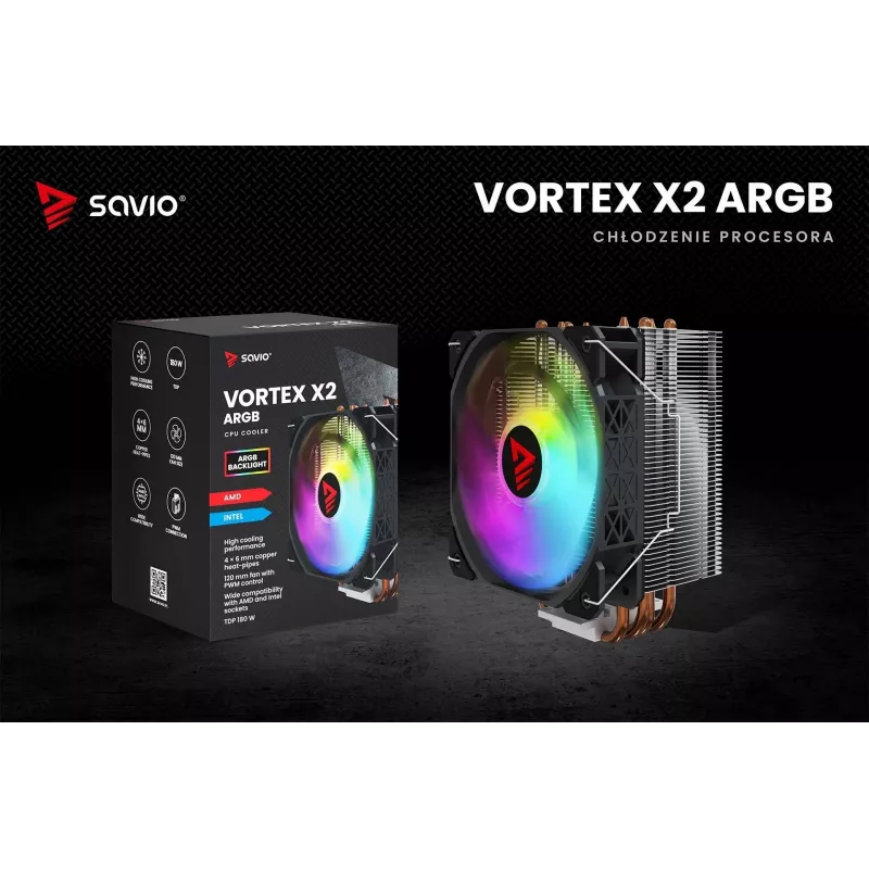 Dissipador de CPU SAVIO SAVGCOVORTEXX2ARGB com 4 heatpipes, ventoinha ARGB de 120 mm, preto