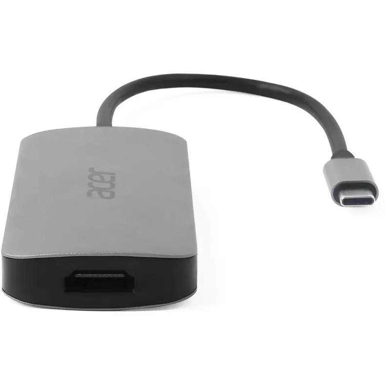 Dongle USB-C 7 em 1 Acer — USB 3.2 Gen 1 Type-C, 3x USB-A, HDMI, SD/MicroSD, 100W PD, prateado