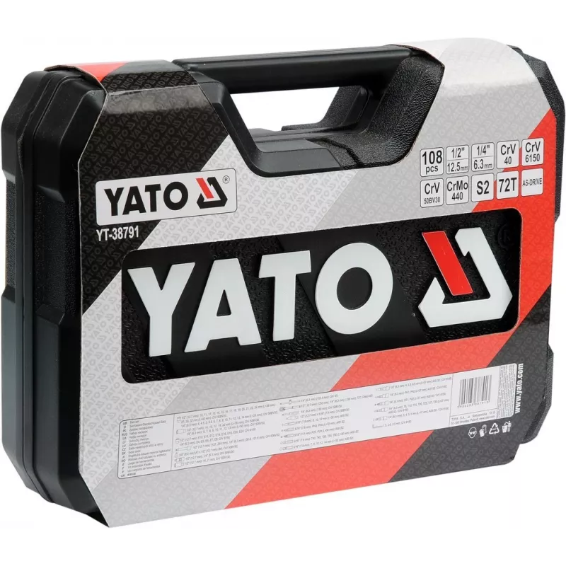 Conjunto de chaves de caixa YATO YT-38791 — 108 peças, encaixe 1/2 inch, inclui catraca, mala preta