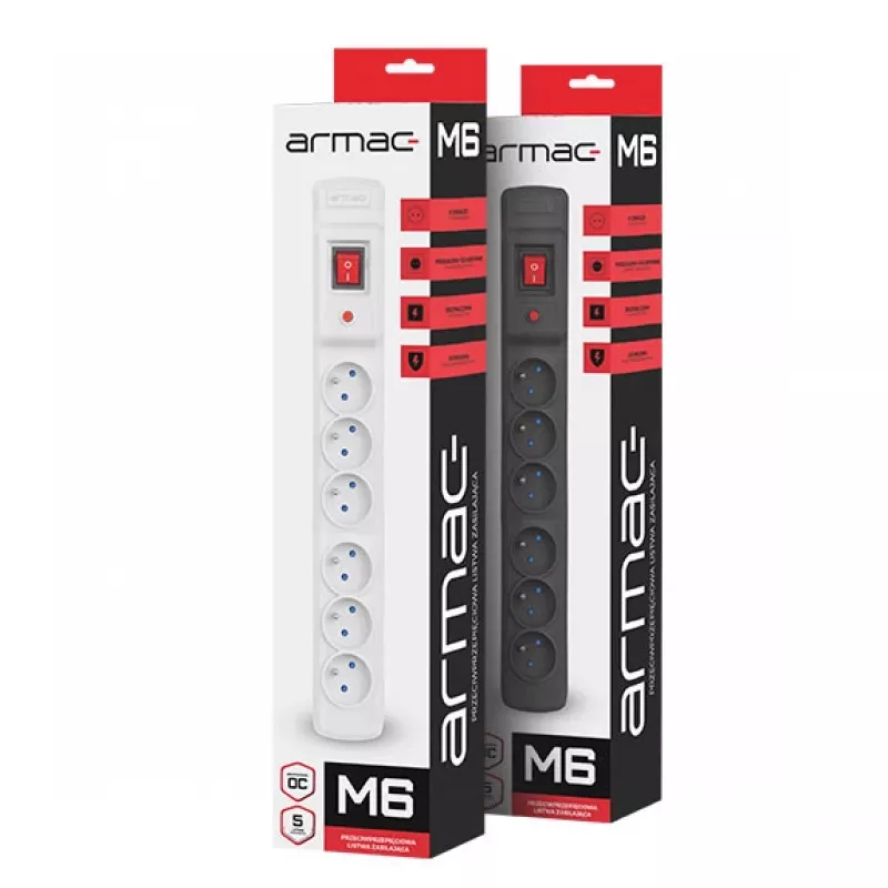 Régua de tomadas ARMAC M6 — 6 tomadas, cabo de 1,5 m, preta