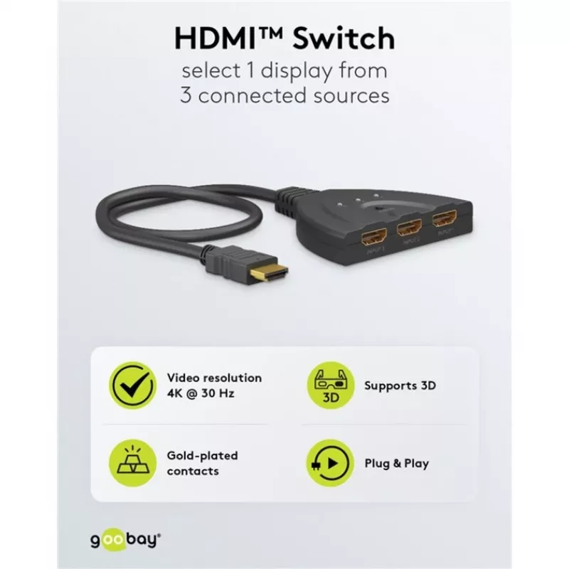 Goobay 58487 comutador HDMI 3 para 1 (4K @ 30 Hz)