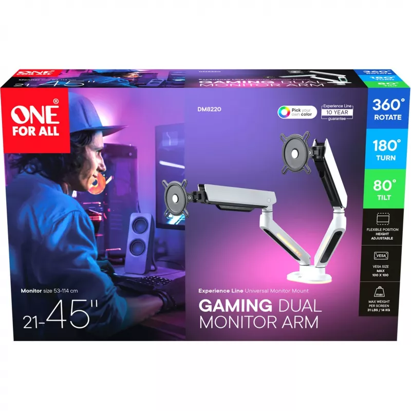 Suporte universal para dois monitores gaming (DM8220), suporte para monitor branco, RGB