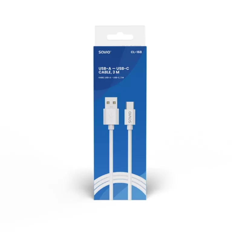 Cabo USB 2.0 SAVIO CL-168, USB A (macho) para USB C (macho), 3 m, branco