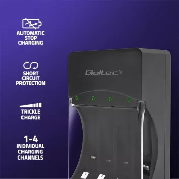 Carregador de pilhas QOLTEC 50653 para pilhas Ni-MH AAA (R03) e AA (R6), entrada 220–240 V, saída 1,2 V