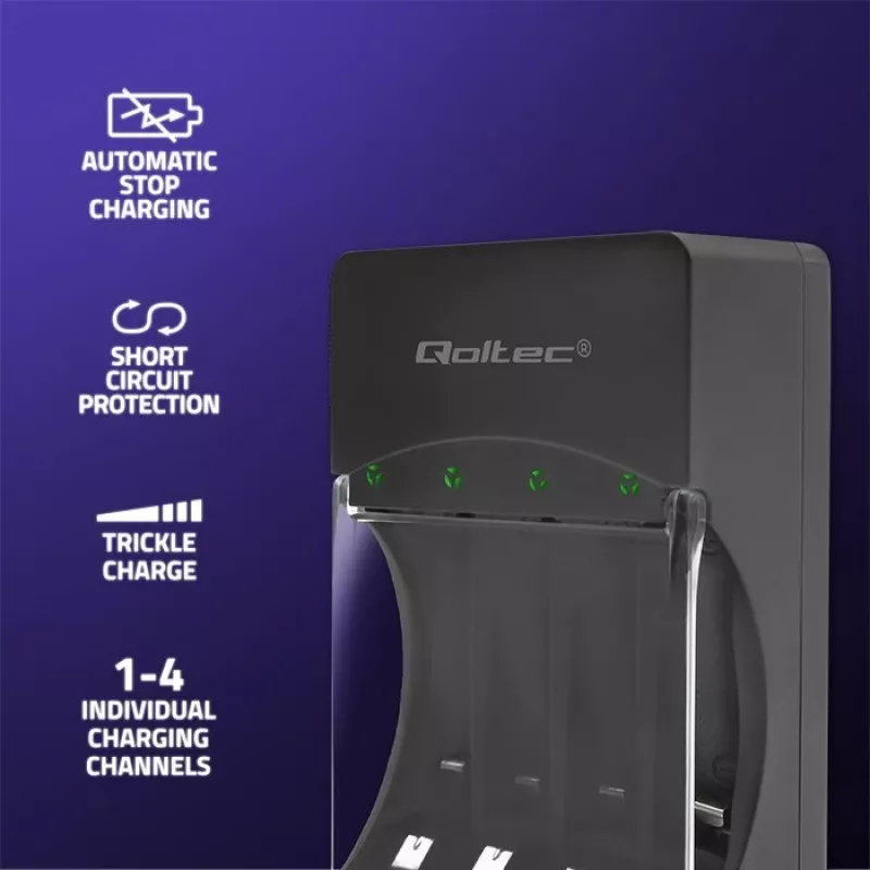 Carregador de pilhas QOLTEC 50653 para pilhas Ni-MH AAA (R03) e AA (R6), entrada 220–240 V, saída 1,2 V