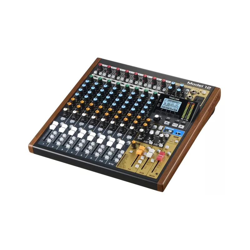 Tascam Model 12 mesa de mistura de 10 canais com gravador de 12 pistas, 20–20000 Hz, preto/madeira
