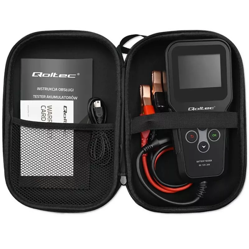 Qoltec 52489 Analisador e testador digital de baterias 3-em-1 com LCD e multilingue 6V | 12V | 24V | 30Ah-200Ah