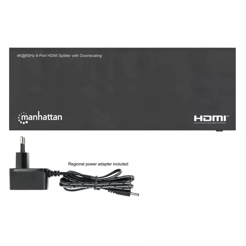 Splitter HDMI Manhattan 4K@60Hz 8 portas com downscaling, distribui um sinal de entrada HDMI para oito saídas HDMI (1x8), 18G, interruptor EDID para downscaling, preto