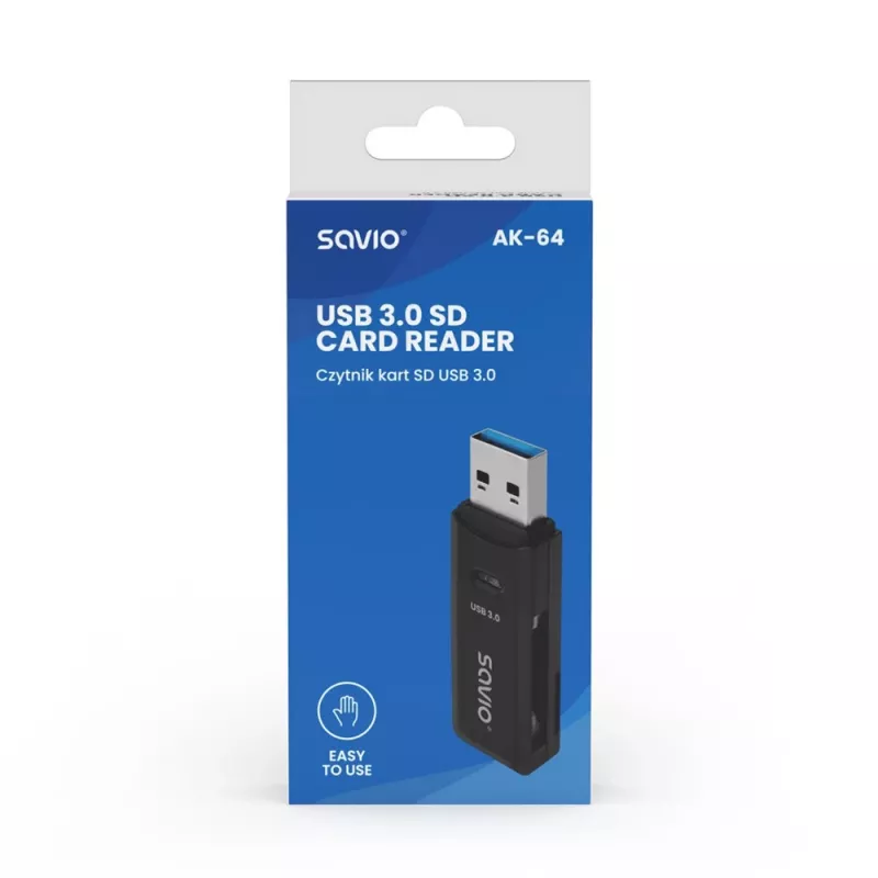 Leitor de cartões SAVIO AK-64 USB 3.2 Gen 1 saída tipo A, ranhura MicroSD, 5000 Mbit/s, preto
