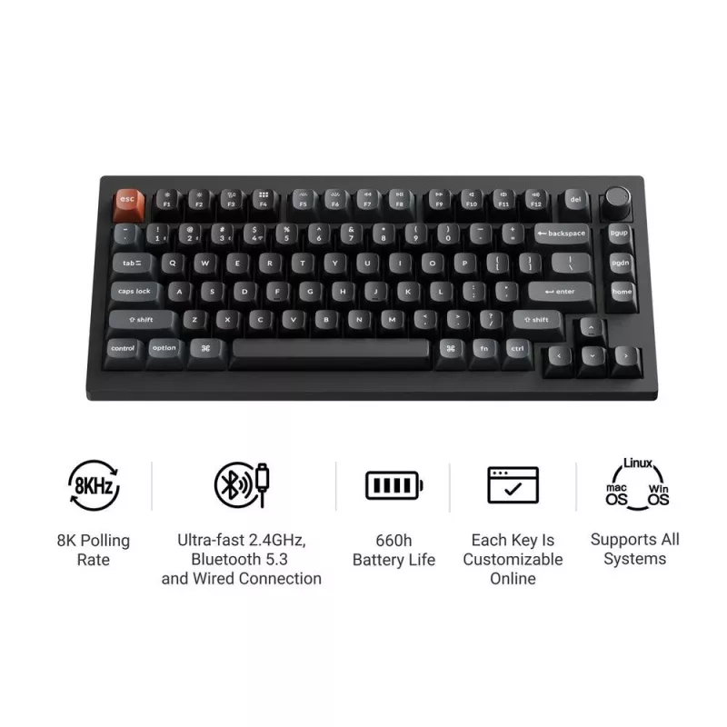 Teclado mecânico Keychron V1 Ultra 8K — formato 75%, QWERTY, Bluetooth, RGB, preto