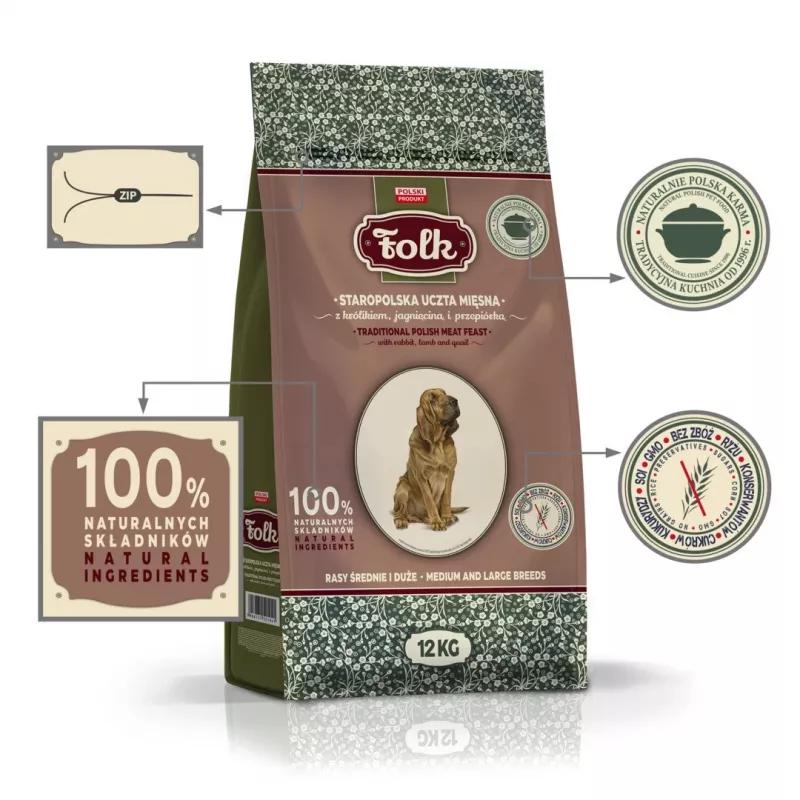 FOLK raças médias e grandes tradicional festim polaco de carne com coelho, borrego e codorniz - comida seca para cães - 12kg