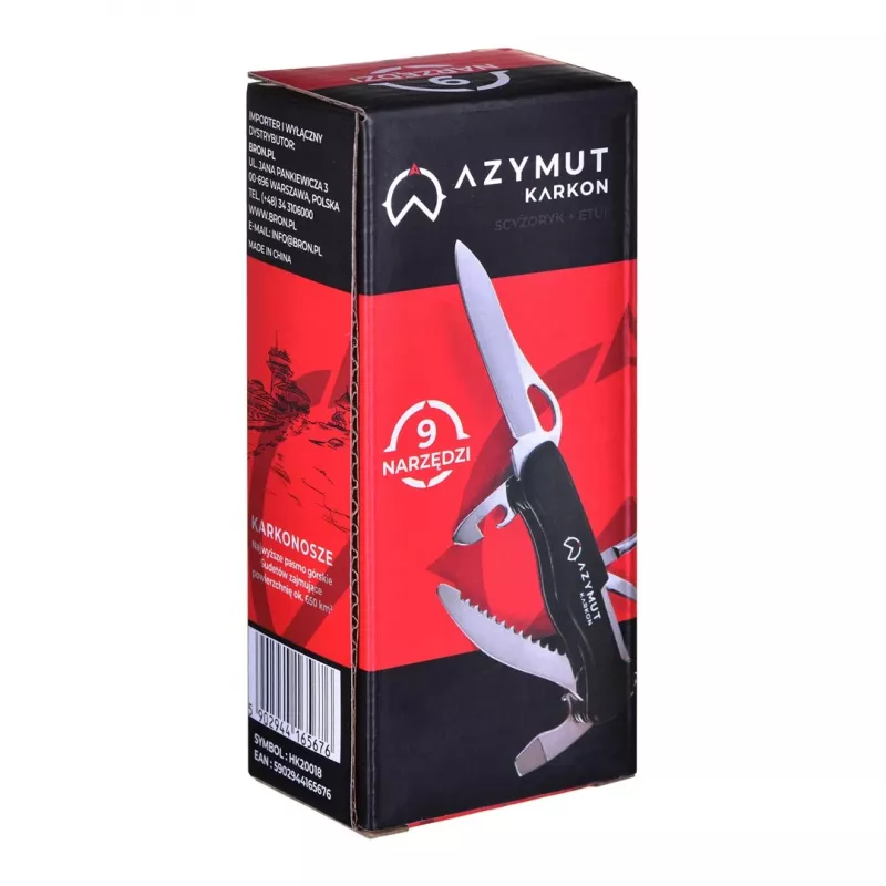 Faca de bolso AZYMUT HK20018 — multiferramenta completa, 9 funções, aço inoxidável 420J2/3CR13, fechada 11 cm, 146 g, estojo de couro, porta-chaves