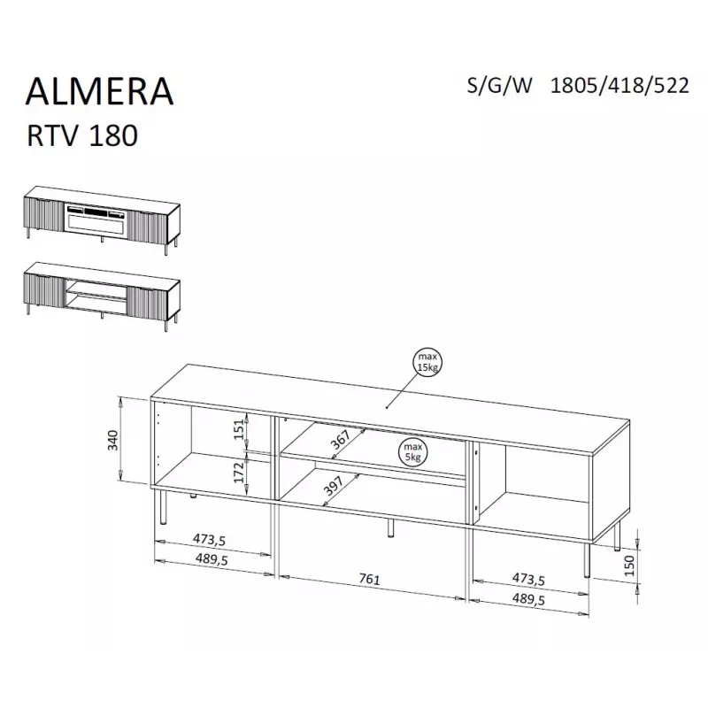 Móvel de TV Cama Meble ALMERA 180,5×42×52,5 cm nogueira/cashmere com lareira preta