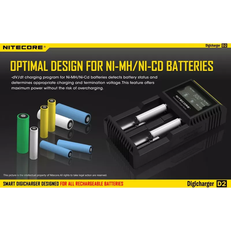 Carregador de pilhas Nitecore D2 — carregador de 2 compartimentos para pilhas AA/AAA/AAAA/C, tensão de entrada 100–240V, tensão de saída 4,2V, preto