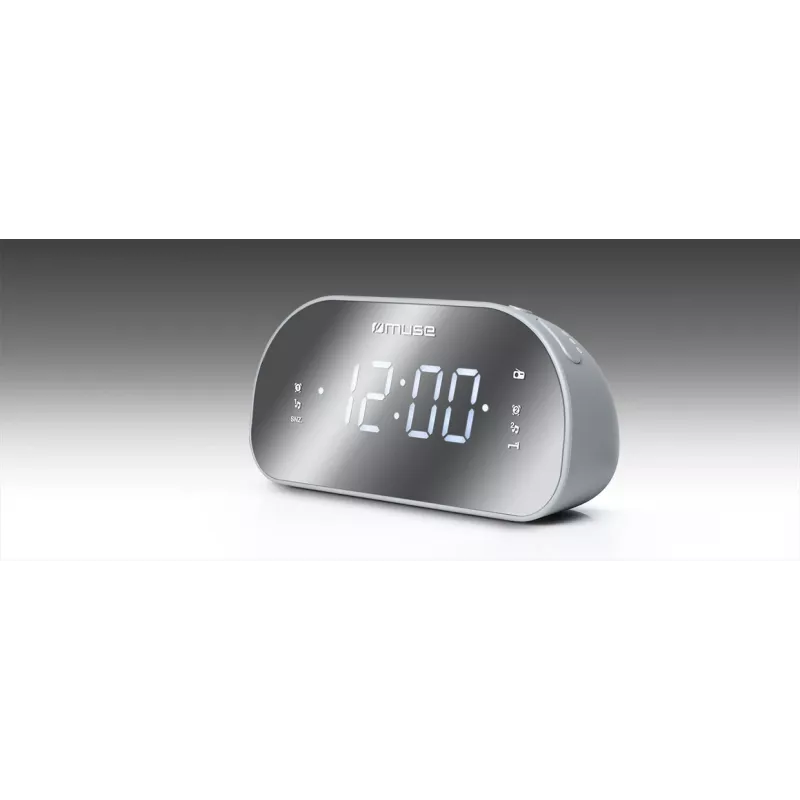 Rádio-relógio Muse M-170CMR — rádio-relógio digital, ecrã LED de 1,2 polegadas, FM, AC 230V, backup AAA, espelho/branco
