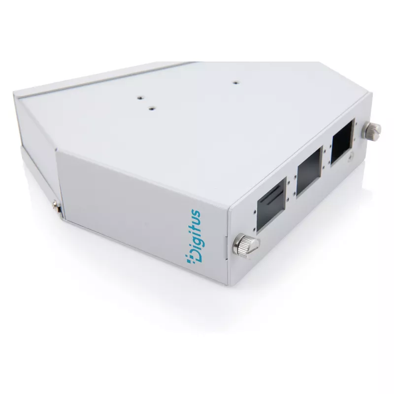 Distribuidor de fibra ótica para calha DIN DIGITUS DN-96893 — angular, 6 SC DX / LC Quad, alumínio, cinzento