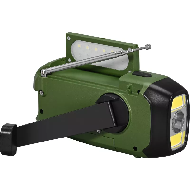 Rádio portátil FM/AM SENCOR SRD1000SCLGR com Bluetooth, carregamento solar/manivela/USB-C, bateria de 2000 mAh, IPX4, luzes LED