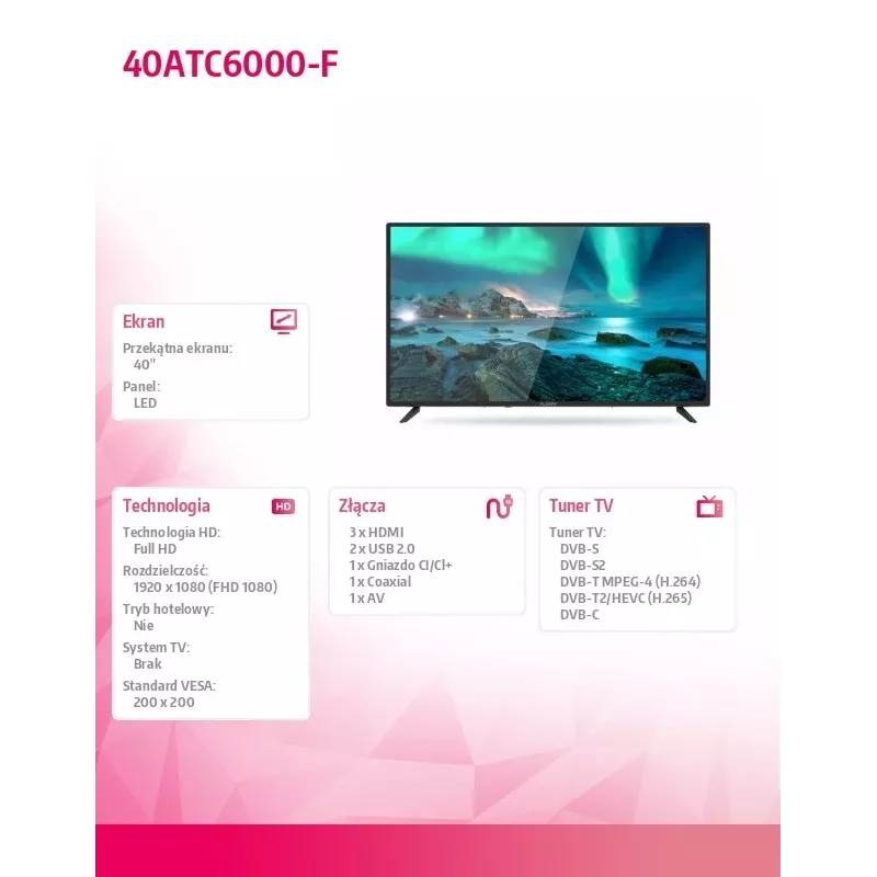 Allview 40ATC6000-F 40 (101 cm) TV Full HD Allview 40ATC6000-F 40 (101 cm) N/A FHD 1920 x 1080 DVB-C, DVB-T/T2, DVB-S/S2 Preto