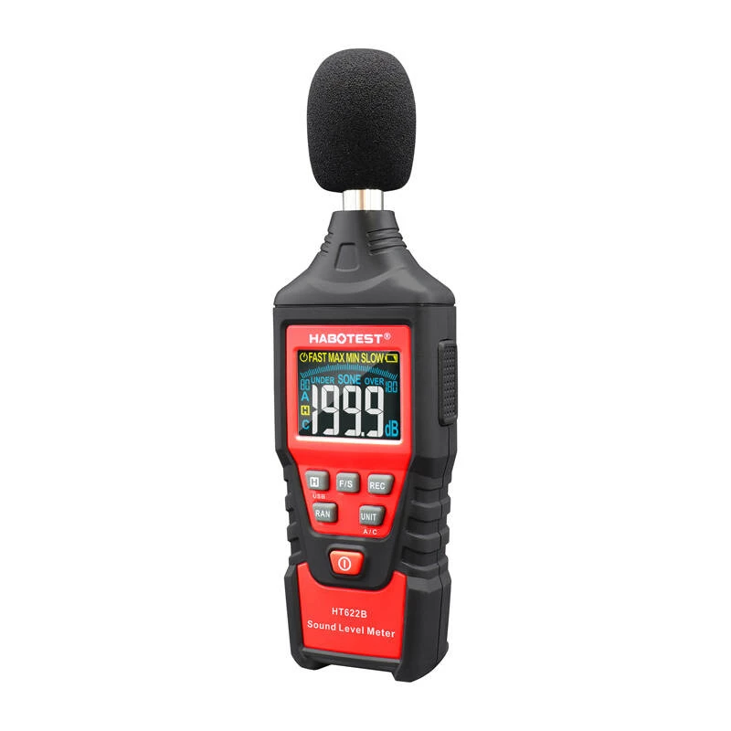 Medidor digital de decibéis Habotest HT622B — medidor de nível sonoro com ponderação A/C, interface USB