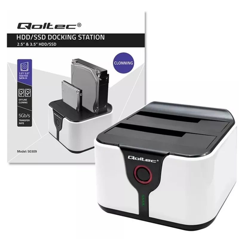 Qoltec 50309 Dock para HDD SSD 2.5 3.5 | SATA III | USB 3.0 | Super Speed 5 Gb/s | com função de clonagem
