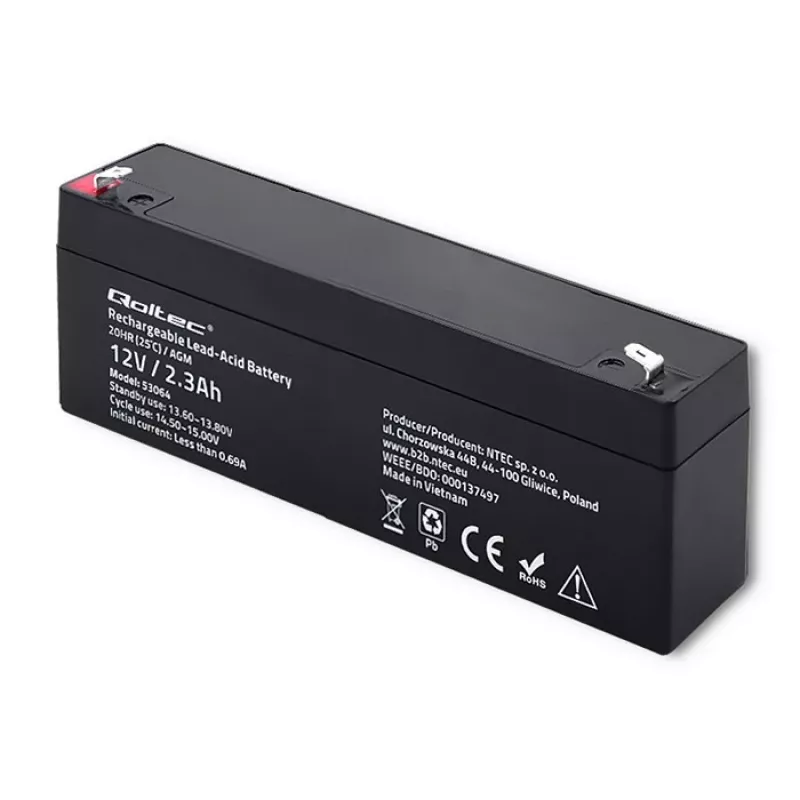 Bateria AGM selada QOLTEC 12V 2,3Ah para sistemas UPS e de backup, descarga máx. 34,5A