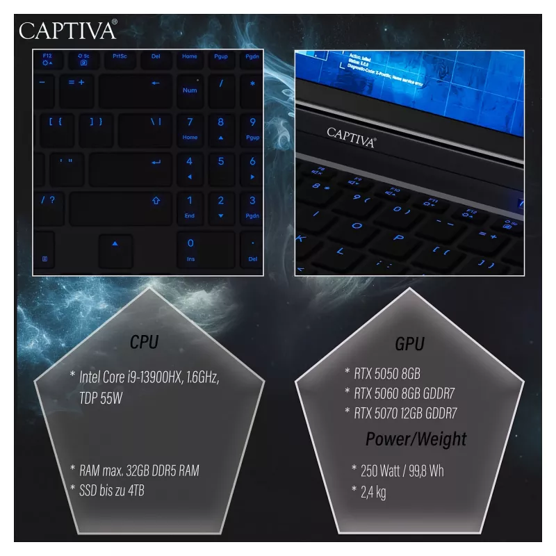 Captiva Highend Gaming I99-480GE Portátil, 16 polegadas WQXGA, Intel Core i9-14900HX, 32GB, 1TB SSD, RTX 5070 Ti, Windows 11 Home