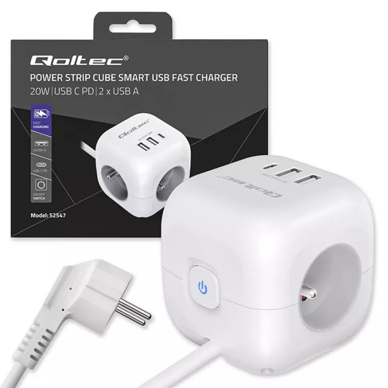 Power Cube QOLTEC 52547 Régua de tomadas 3×tomadas AC, 2×USB-A, 1×USB-C PD 20W