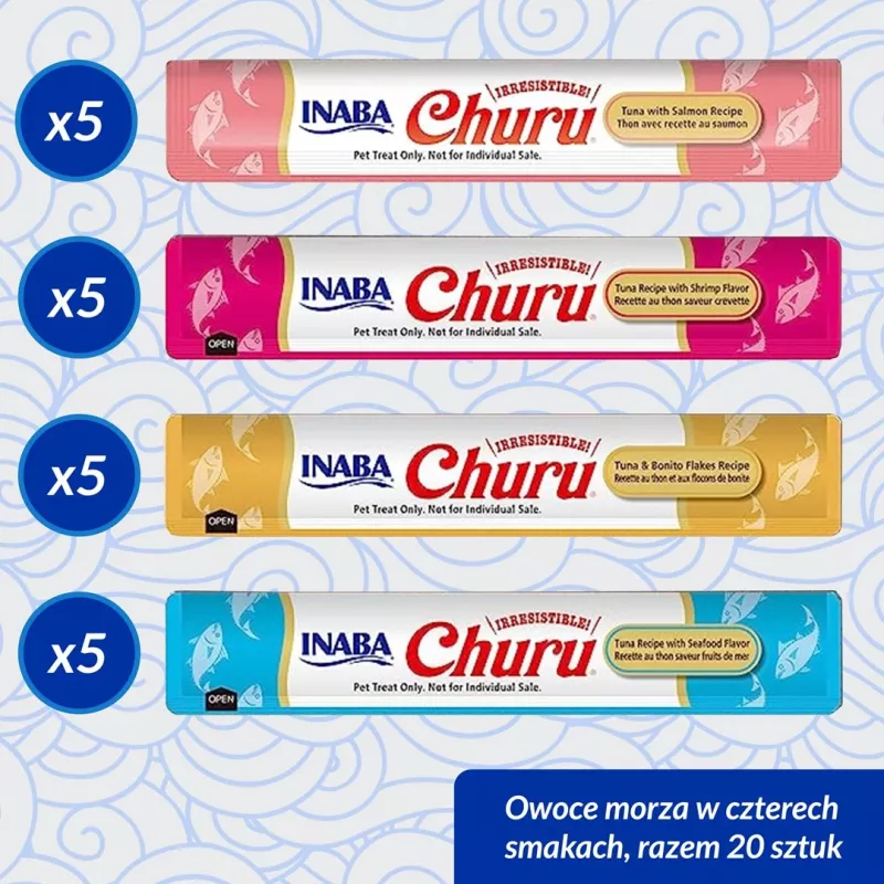 Snacks húmidos para gatos INABA Churu caixa sortida de marisco — 20 x 14 g tubos, pasta de peixe, sem cereais, sem açúcar e sem glúten