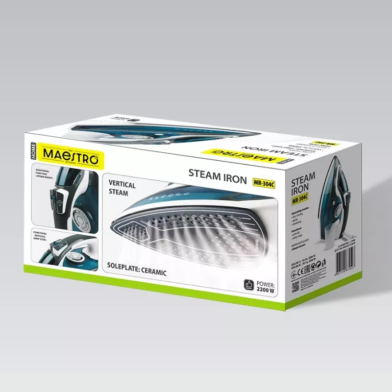 Ferro de engomar a vapor Maestro MR-304C, 2200 W, branco/azul – ferro de engomar a vapor para uso doméstico