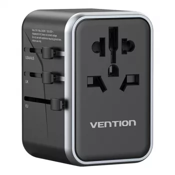 Adaptador de viagem Vention FJFB0 65W — 2× USB-C PD/PPS, 2× USB-A (QC/BC), saída HDMI, alumínio/preto
