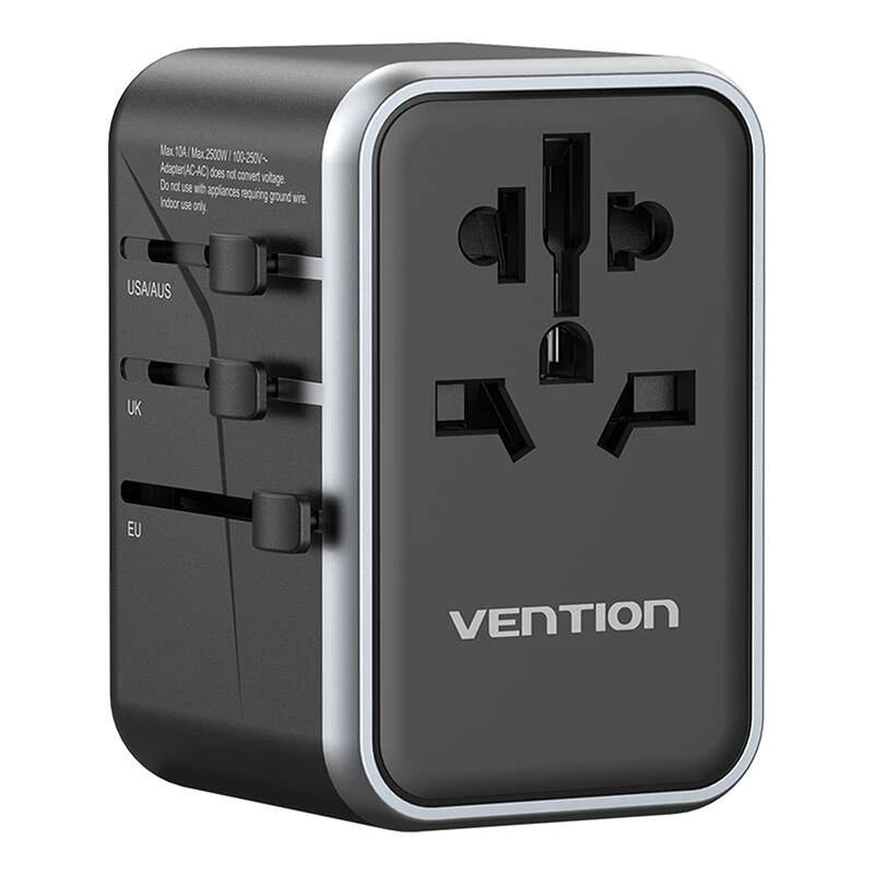 Vention adaptador de viagem e carregador GaN de 65 W, 2x USB-A 2x USB-C, preto