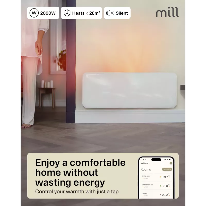 Aquecedor inteligente WiFi invisível Mill | PA2000WIFI4 | aquecedor de painel | 2000 W | adequado para divisões até 24-28 m² | branco | IPX4