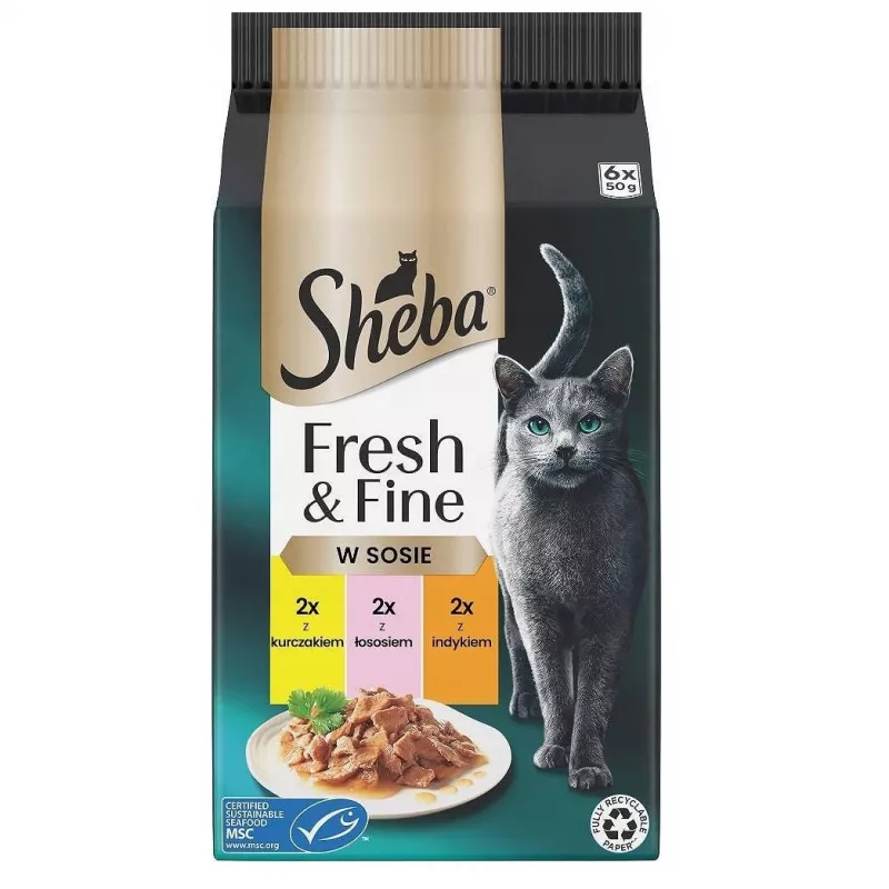 Alimento húmido Sheba Mini Fish Dishes in Sauce Fresh & Fine 6 x 50 g – alimento húmido, 6x50 g saquetas, 84 % de humidade, 7,9 % de proteína