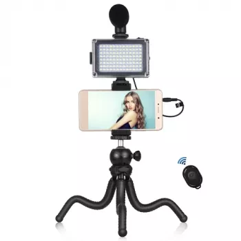 Kit de blogger com tripé flexível, iluminação LED, suporte para telemóvel e microfone
