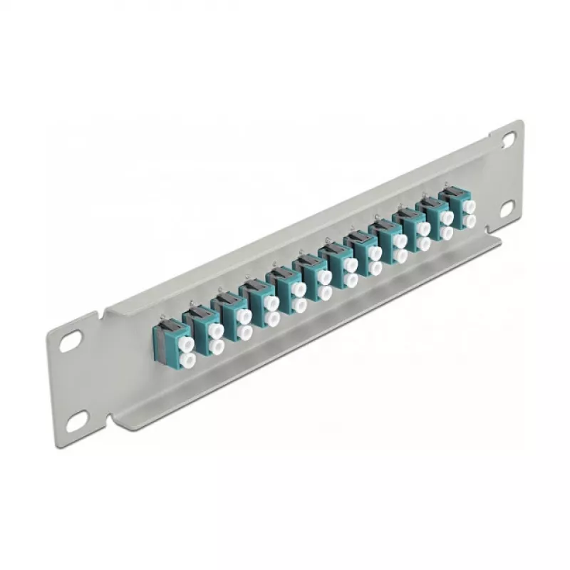 Patch panel de fibra ótica DeLOCK 10 polegadas 12 portas LC duplex aqua 1U cinzento