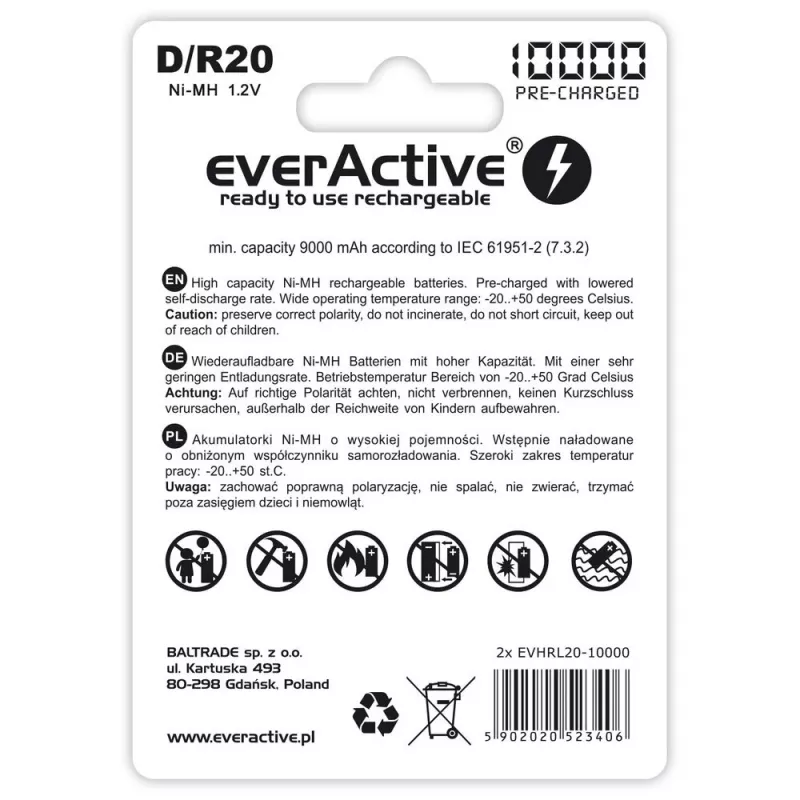Pilha recarregável everActive EVHRL20-10000 D NiMH 1,2 V 2 unid.