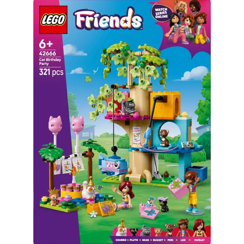 Brinquedo de construção LEGO Friends 42666 conjunto de brincar casa na árvore da festa de aniversário dos gatos, 321 peças, 6+ anos, 180×160×100 mm