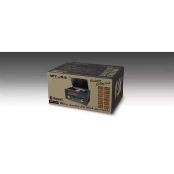 Gira-discos muse MT-115 W — preto/dourado, 33-45-78 rpm, braço de leitura em J, botão de volume, 240V AC