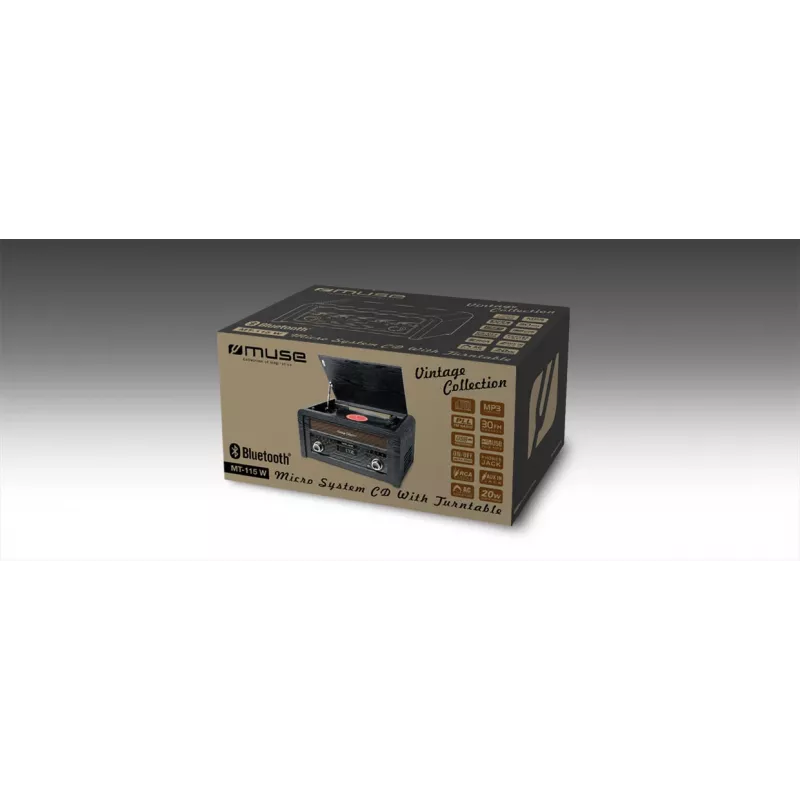 Gira-discos muse MT-115 W — preto/dourado, 33-45-78 rpm, braço de leitura em J, botão de volume, 240V AC
