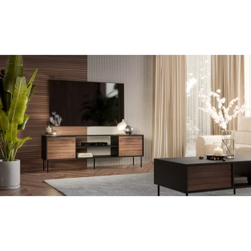 Móvel de TV cama meble EF CORTINA 180×40×60 cm, tampo superior preto, estrutura nogueira