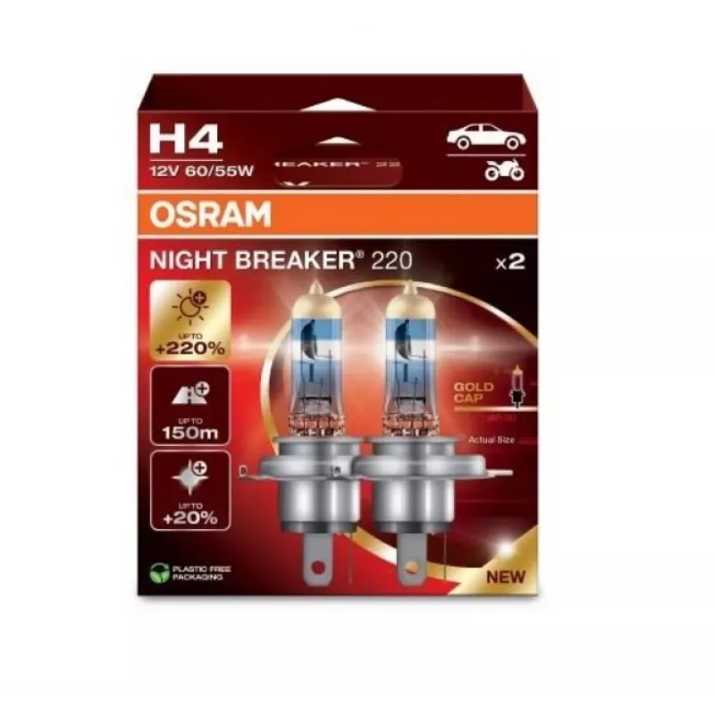 Lâmpada de farol halogénea Osram NIGHT BREAKER 220 H4 — pack duplo, 12V 60/55W
