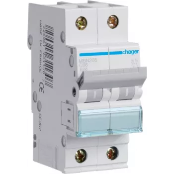 Hager MBN206. Número de polos: 2P. Frequência de rede: 50/60 Hz, corrente nominal de saída: 6 A (MBN206)