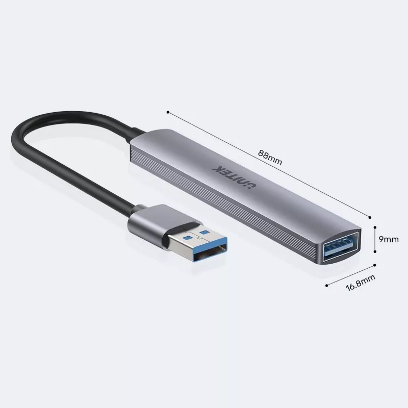 Unitek H1208A hub USB-A, 4 portas (1x USB-A 5 Gbps, 3x USB-A 2.0), alumínio, prateado
