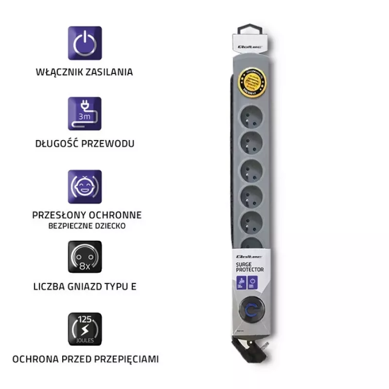 50168 Proteção contra sobretensões 8 saídas Schuko 230 V 3 m cinzento - régua de proteção contra sobretensões (8 tomadas Schuko, tipo F, 230 V, 50 Hz - Qoltec