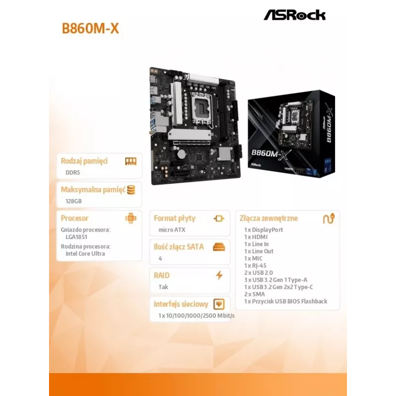 ASRock B860M-X placa-mãe, Intel B860, LGA 1851, micro ATX, DDR5