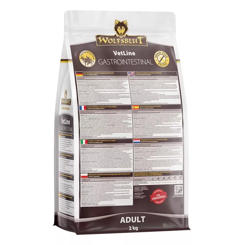 Comida seca para cães Wolfsblut VetLine Gastrointestinal pato 2 kg — dieta veterinária para apoiar a digestão, 20 % proteína, 10 % gordura