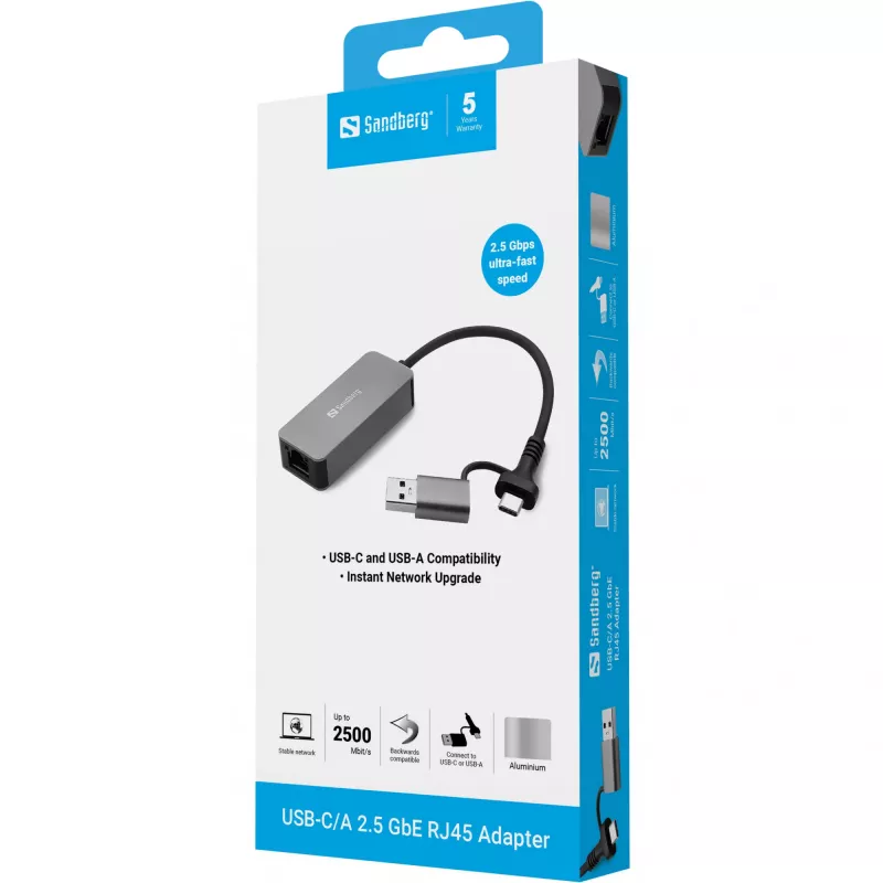 Adaptador USB-C/A SANDBERG 136-68 com porta Ethernet RJ45 2,5 GbE