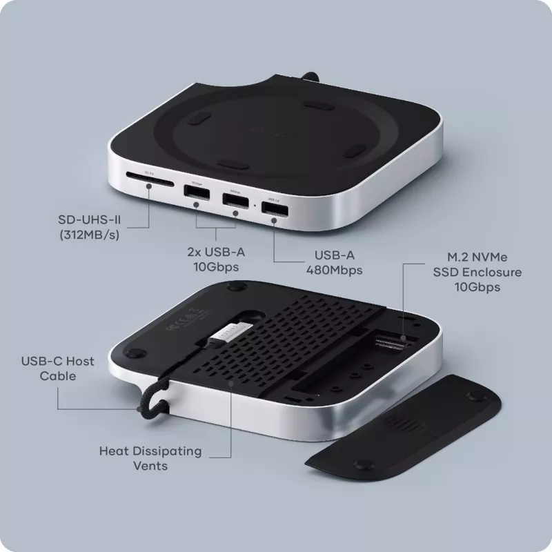 Dock para portátil/replicador de portas Satechi ST-GNMMES — hub USB 3.2 Gen 2 Type-C com fios, USB-A & SD, prateado